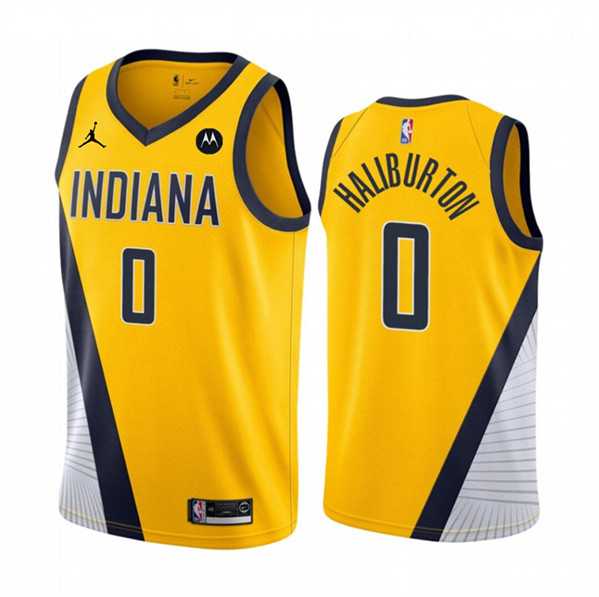 Men%27s Indiana Pacers #0 Tyrese Haliburton Yellow Statement Edition Stitched Jersey Dzhi